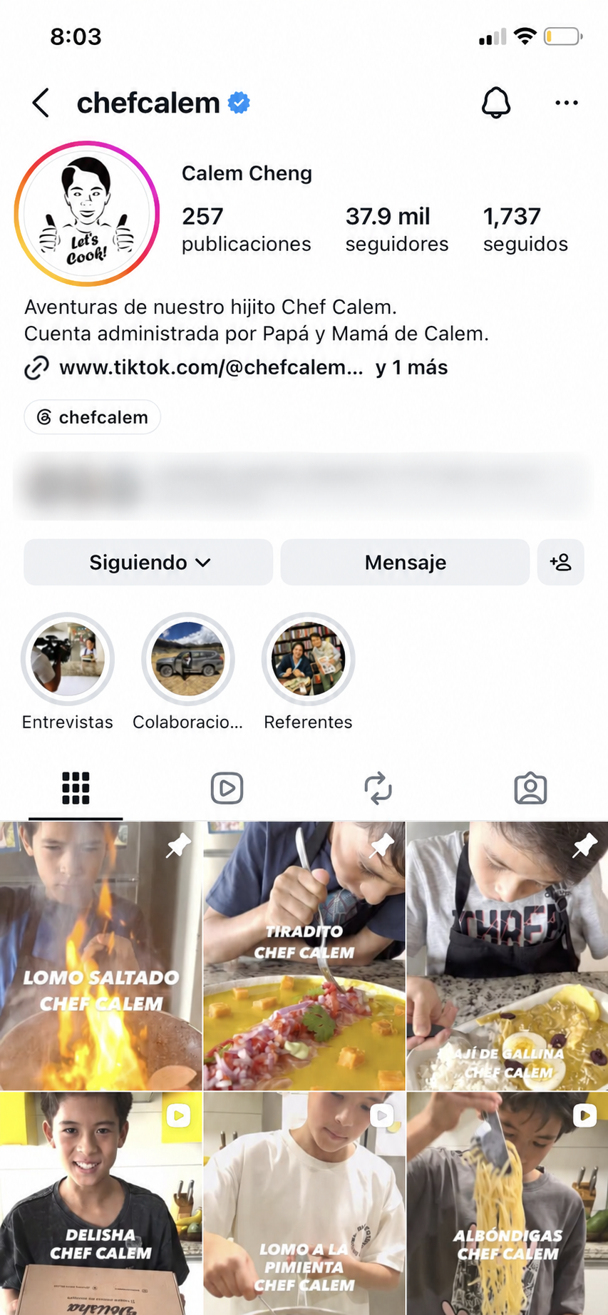 Perfil de Chef Calem en Instagram con el logotipo diseñado por Pliegue como imagen de perfil