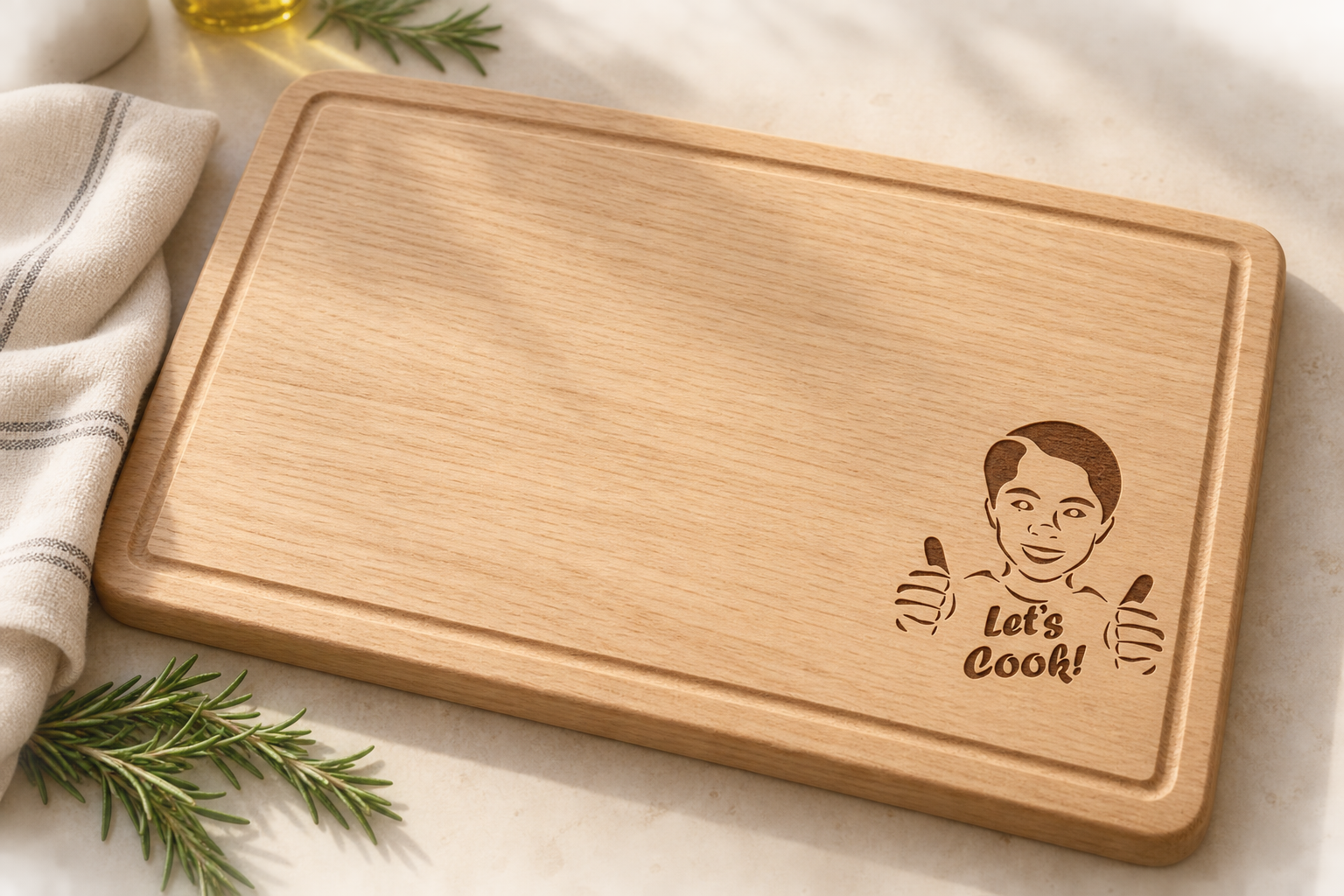 Aplicación conceptual del logo de Chef Calem grabado en una tabla de cortar de madera